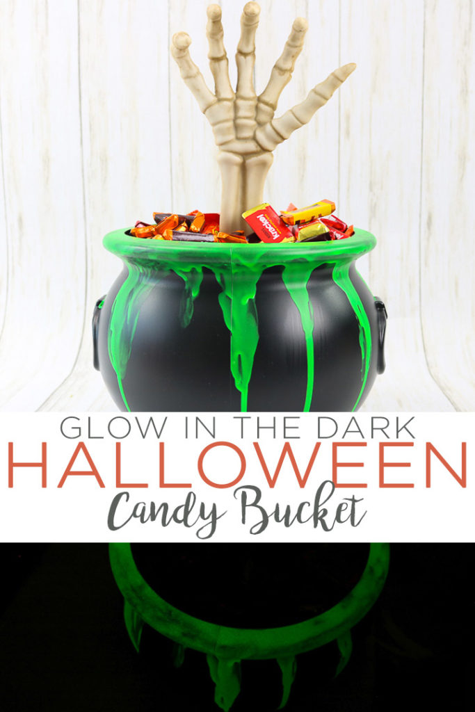 Make this glow in the dark Halloween bucket with a little paint and some creativity! The trick or treaters will love the spooky hand! #halloween #candy #bucket #trickortreat