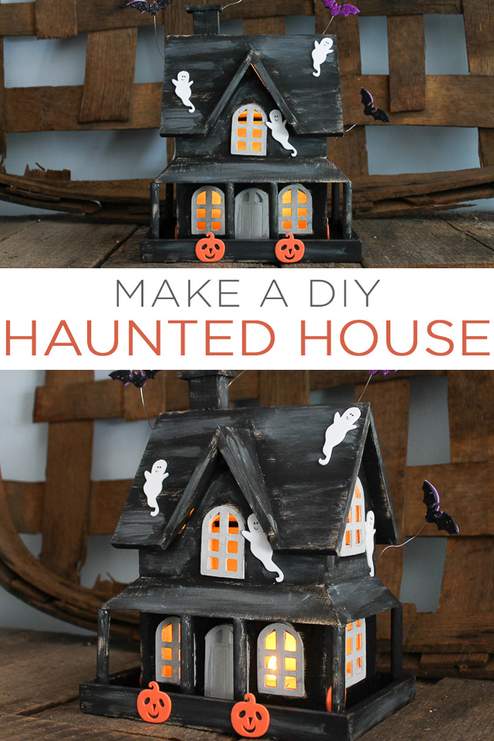 Make this DIY haunted house in minutes! A great craft idea for the kids to help with and this one will really light up your mantel or even porch on Halloween night! #halloween #kidscraft #hauntedhouse #halloweendecor #spooky