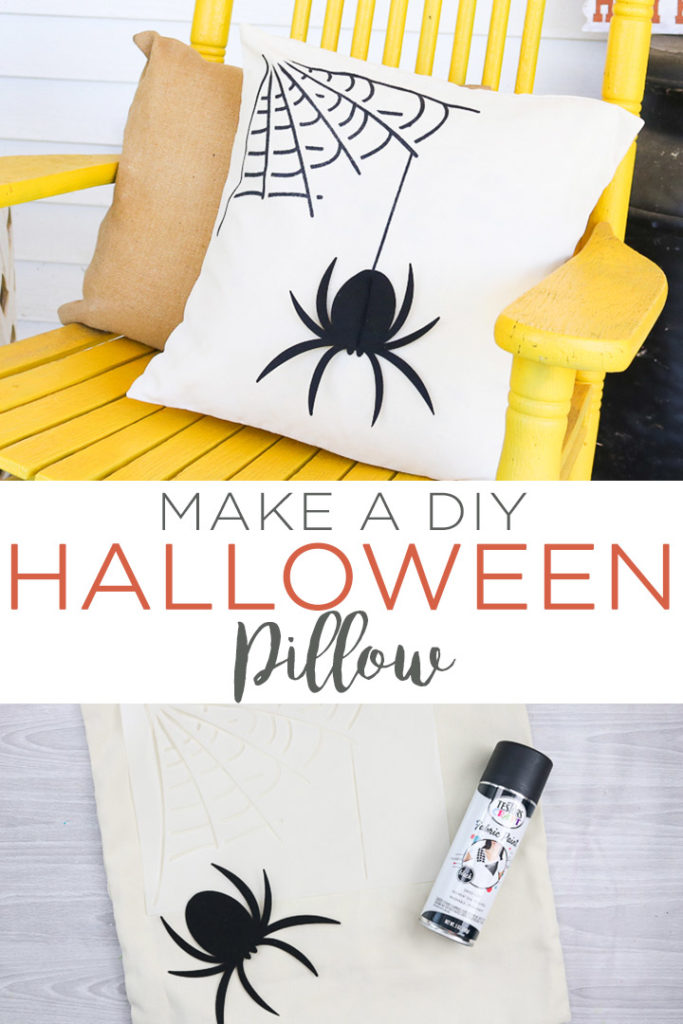 Learn how to make a DIY Halloween pillow with fabric spray paint and your Cricut machine! This easy spider pillow will look great on your porch this fall! #halloween #fall #cricut #cricutcreated #cricutmade #spider #pillow