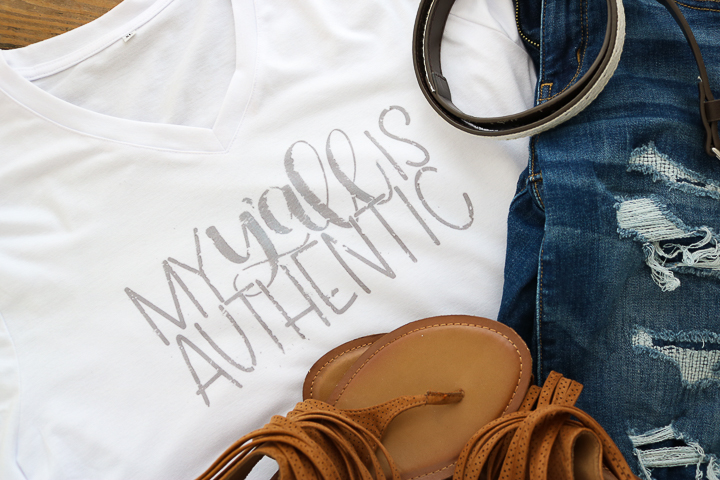 A stylish distressed shirt made with Cricut infusible ink. 