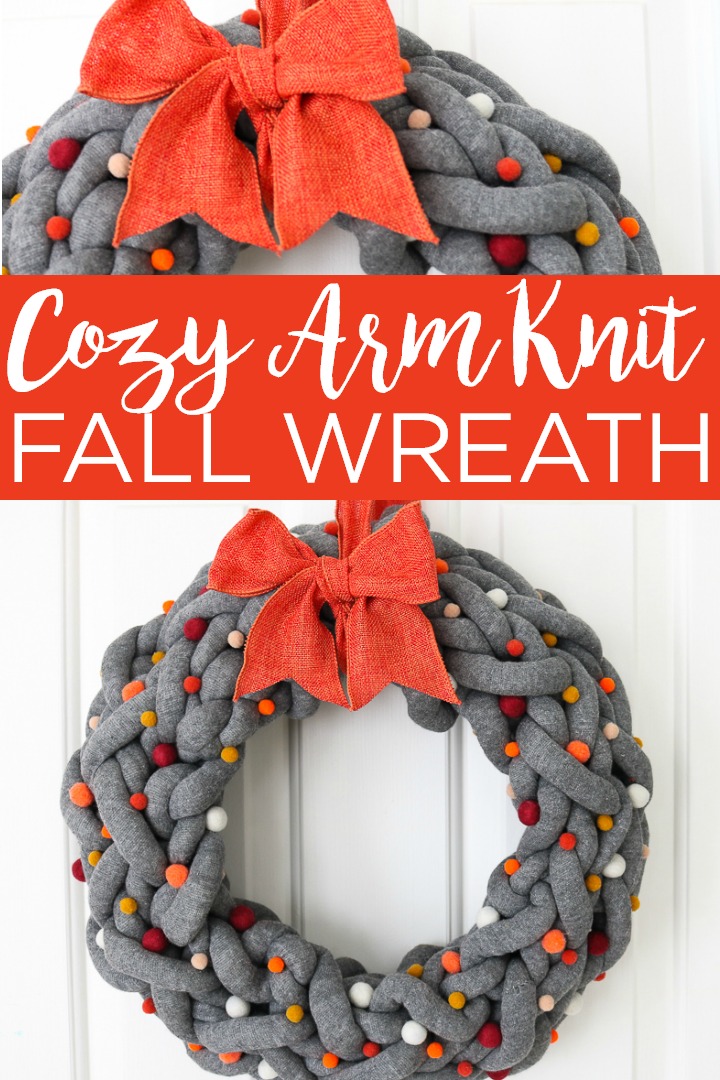 Make this DIY fall wreath with chunky yarn! Arm knit a wreath then add on decor for a unique twist on autumn door decor that you will love! #fall #wreath #autumn #yarn #knitting #armknit #armknitting #pompoms #bow #fallwreath #door #doordecor #doorhanger #crafts #diy