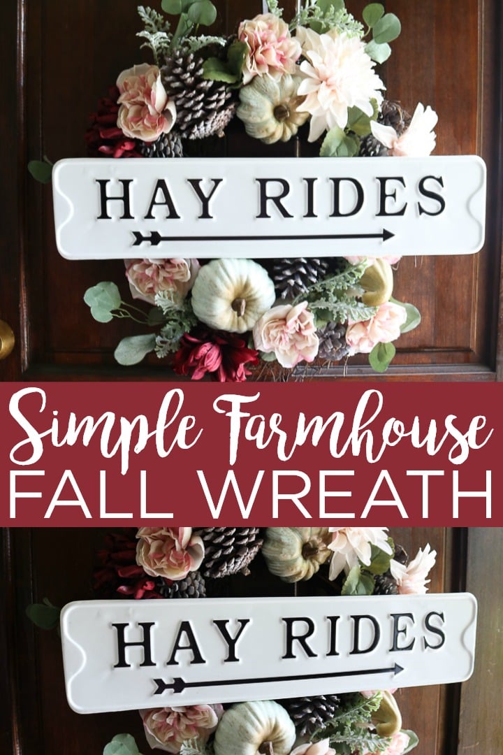 Make this simple fall wreath for your home this fall! Show off your farmhouse style right on your front door with a gorgeous hay rides wreath! #farmhouse #farmhousestyle #fallwreath #wreath