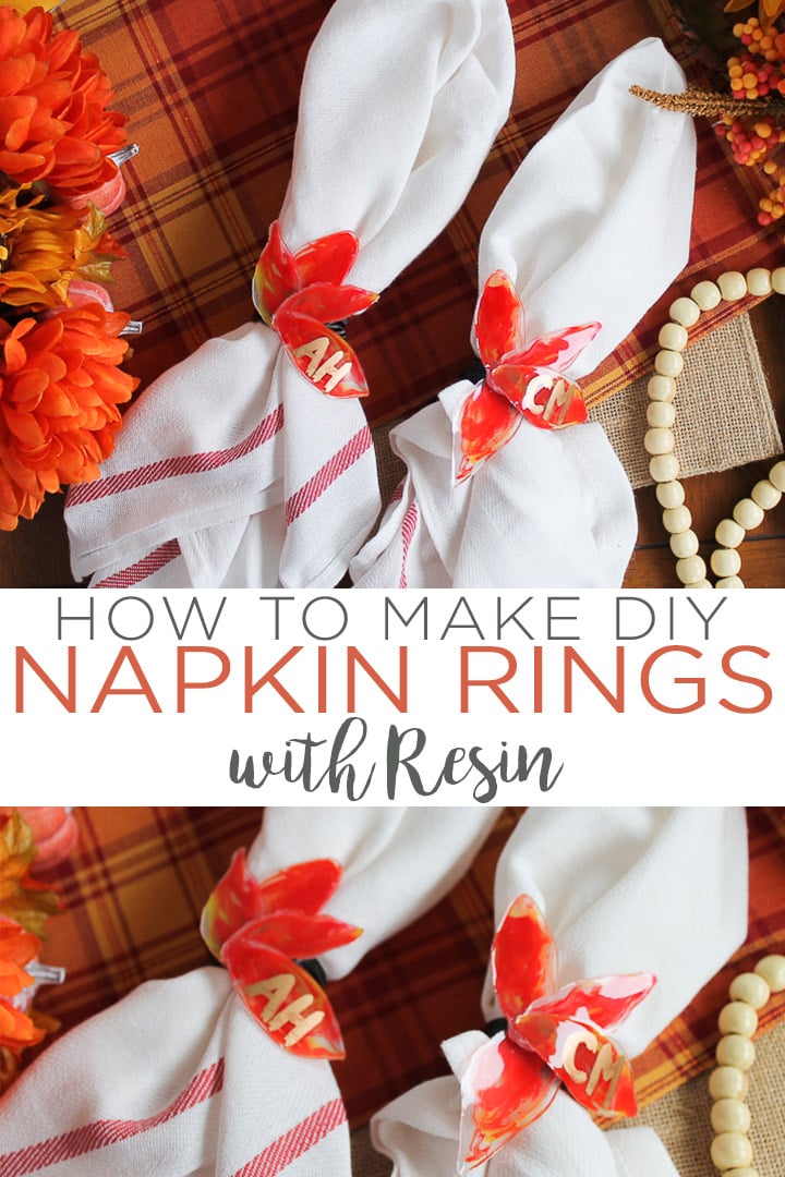 Learn how to make DIY napkin rings for your Thanksgiving table! This easy technique with resin allows you to make gorgeous glossy fall leaves that will look great for your craft projects! #thanksgiving #fall #napkinrings #falltable #table #resin