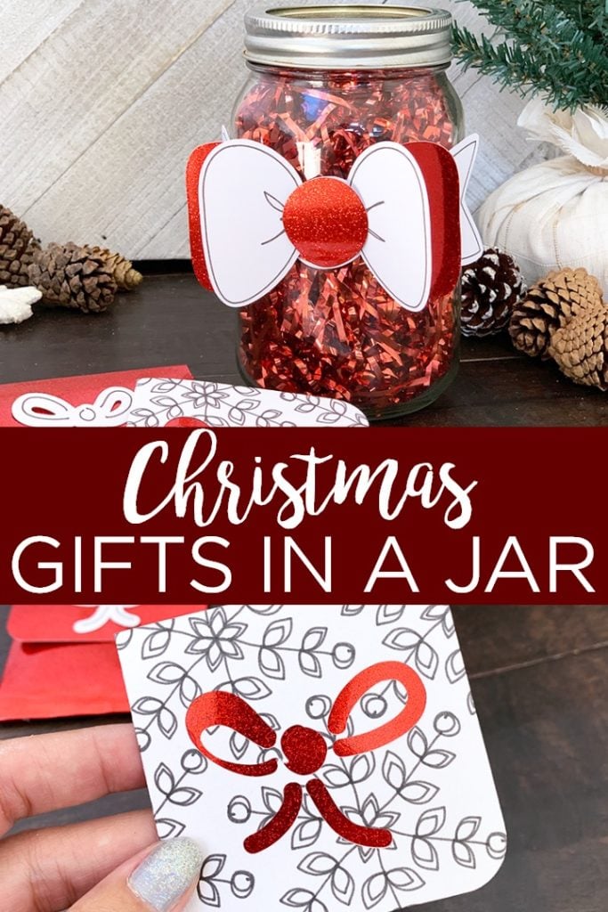 Give these ideas for Christmas gifts in a jar a try! Add accents cut with your Cricut machine to any mason jar for a cute holiday gift idea! #cricut #cricutcreated #crafts #christmas #holiday #masonjar #masonjargift #holidaygift #giftidea #giftwrap #giftwrapping