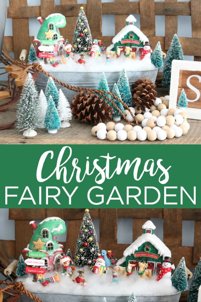Make your own Christmas fairy garden with these step by step instructions! This will look great in your home's decor this holiday season! #christmas #holidays #fairygarden #miniatures #christmasdecor #holidaydecor #santa #glitter