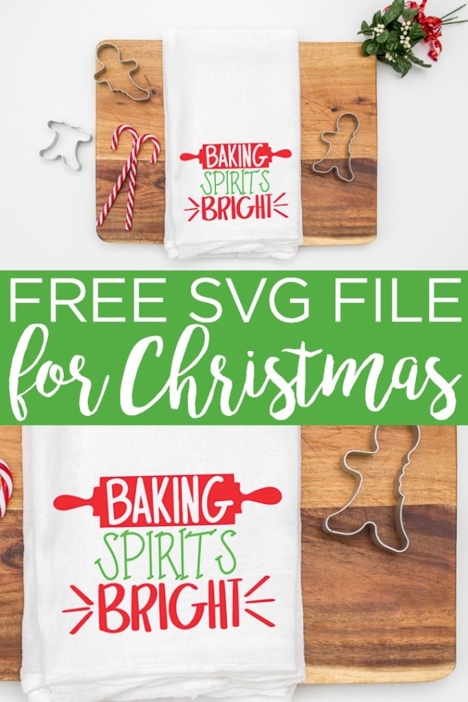 Looking for free Christmas SVG files? We have 16 including this baking spirits bright Christmas SVG that is perfect for gifts! #christmas #svg #freesvg #cricut #cricutcreated #svgfile #cutfiles #freecutfiles #baking #christmasbaking #christmastowel #towel #kitchentowel #teatowel #holidays #giftidea