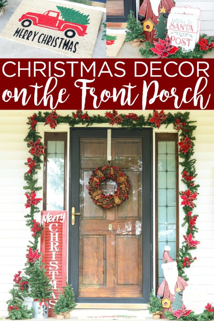 These front porch Christmas decorations will be the hit of the neighborhood! Shop for everything you need from Old Time Pottery then pull together your decor in just minutes! #christmas #frontporch #farmhouse #farmhousestyle #rustic #christmasdecor #christmasdecorations #santa #merrychristmas #truckandtree #santa