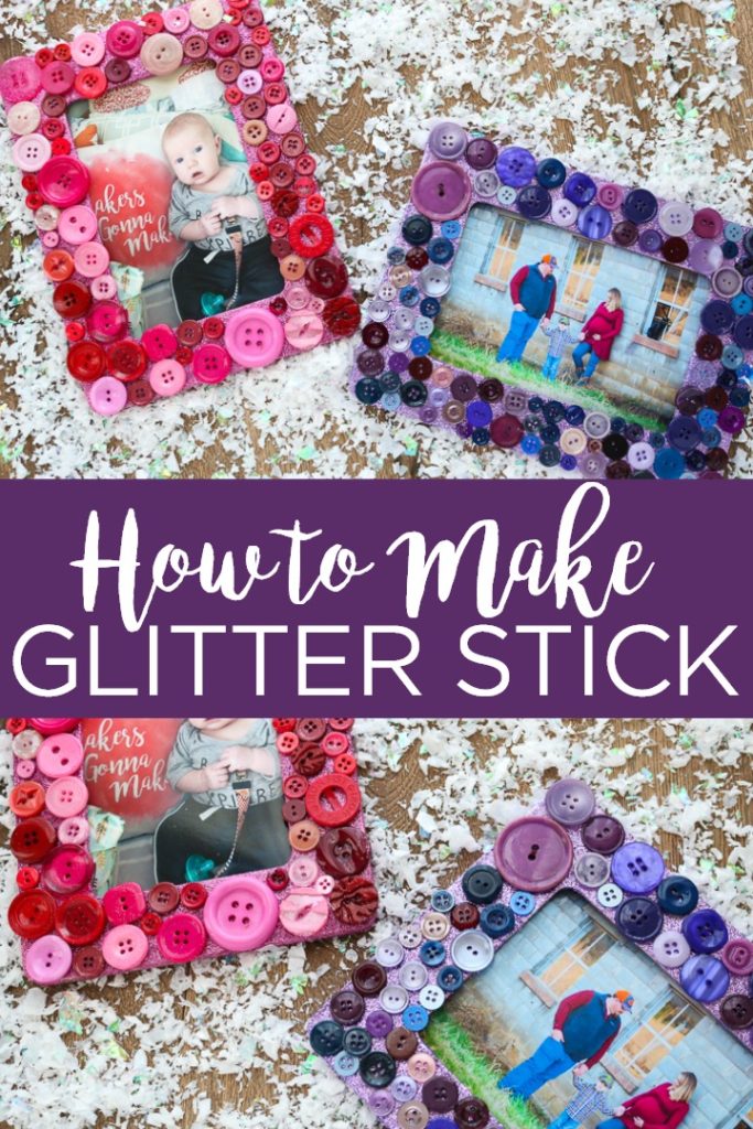 Learn how to make glitter stick to wood with our secret weapon! We are making glitter button frames to show this easy technique for adding glitter to just about any surface! #glitter #frame #pictureframe #photoframe #diyframe #diyglitter #diy #crafts #adhesive #modpodge #modpodgerocks #buttons