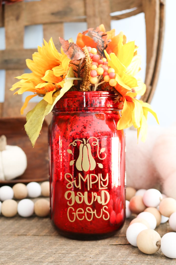 fall-themed mason jar vase with festive florals