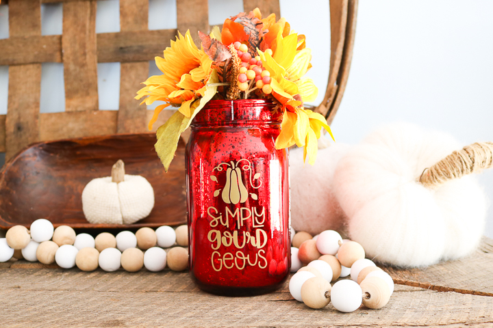fall-themed mason jar vase with fall florals