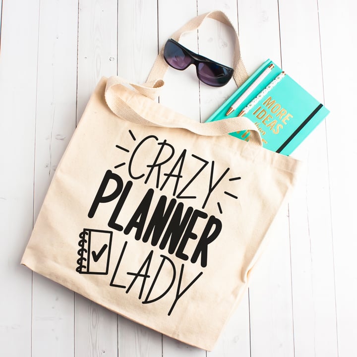 tote bag with vinyl and planner