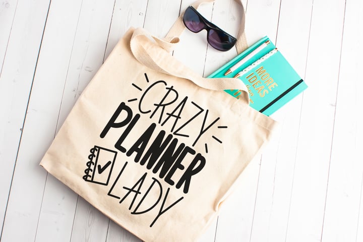 tote bag with crazy planner lady vinyl
