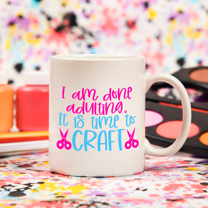 You can use this "it's time to craft" Crafter SVG file for so many crafts, like this fun coffee mug