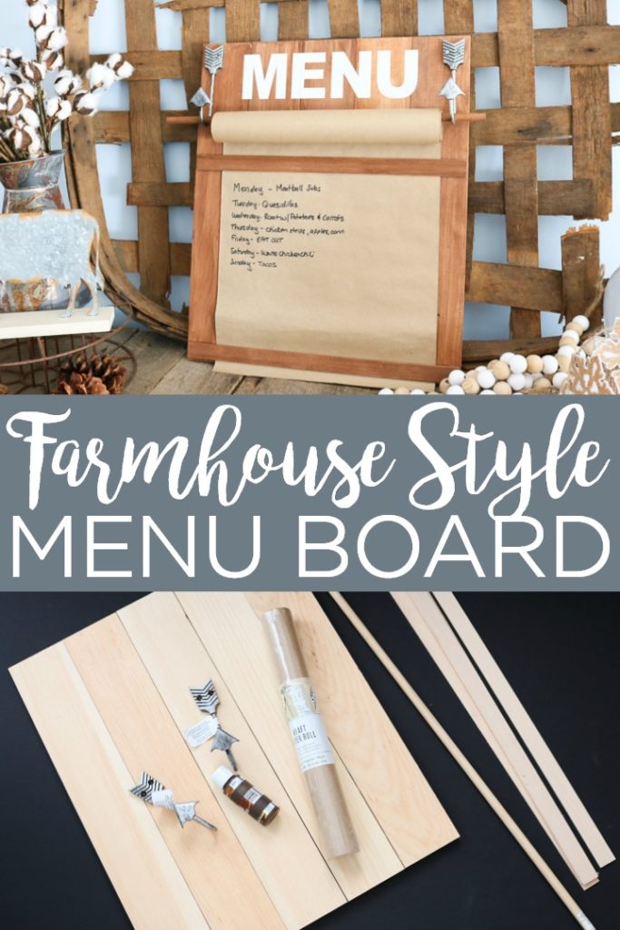 Make this farmhouse style DIY menu board with a few supplies! This board holds a kraft paper roll for writing down your menu for the week and so much more! #farmhouse #farmhousestyle #menu #kitchen #menuboard #kitchendecor #kraftpaper #diy #crafts #woodcrafts #cricut #cricutcreated #vinyl