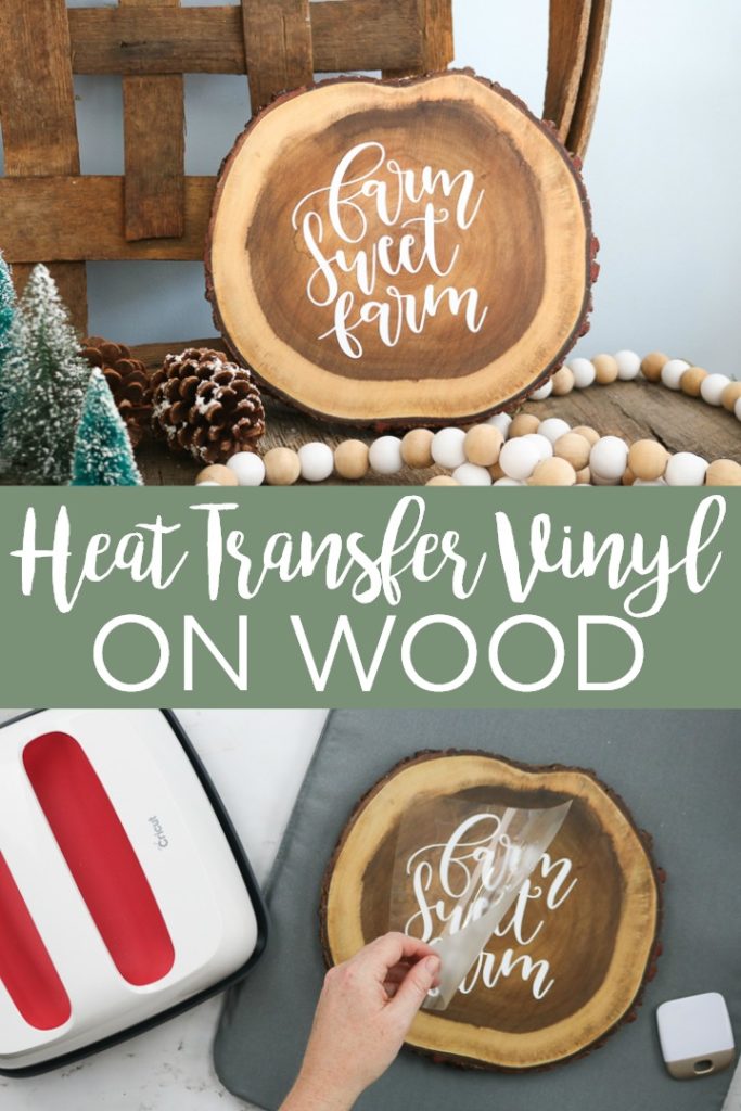 Learn how to use heat transfer vinyl on wood with this easy tutorial. This is a great way to add a personalized touch to your wood crafts with your Cricut! #cricut #cricutcreated #woodcrafts #wood #htv #heattransfervinyl #ironon #farm #farmhouse #farmhousestyle #rustic #rusticwood #woodslice