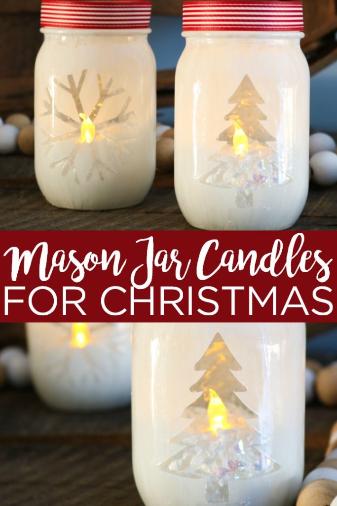 Make these Christmas mason jar candles for your home this year! Create a masking with your Cricut machine then paint and add in a tea light for some holiday glow! #christmas #cricut #cricutcreated #candleholders #masonjar #christmasdecor #holidaydecor #handmade #crafts #crafty