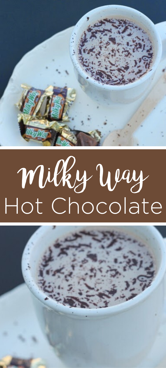 hot chocolate in white mugs with chocolate shavings and milky way mini chocolates