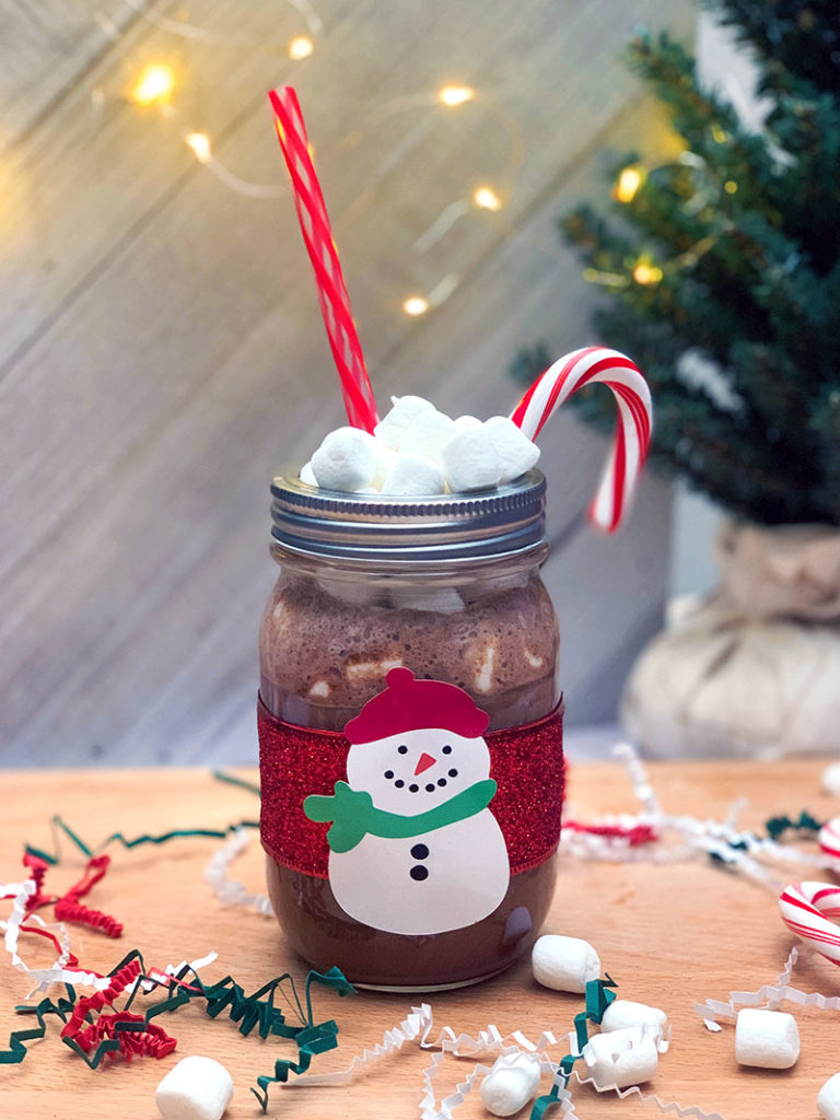 peppermint hot chocolate in a snowman mason jar