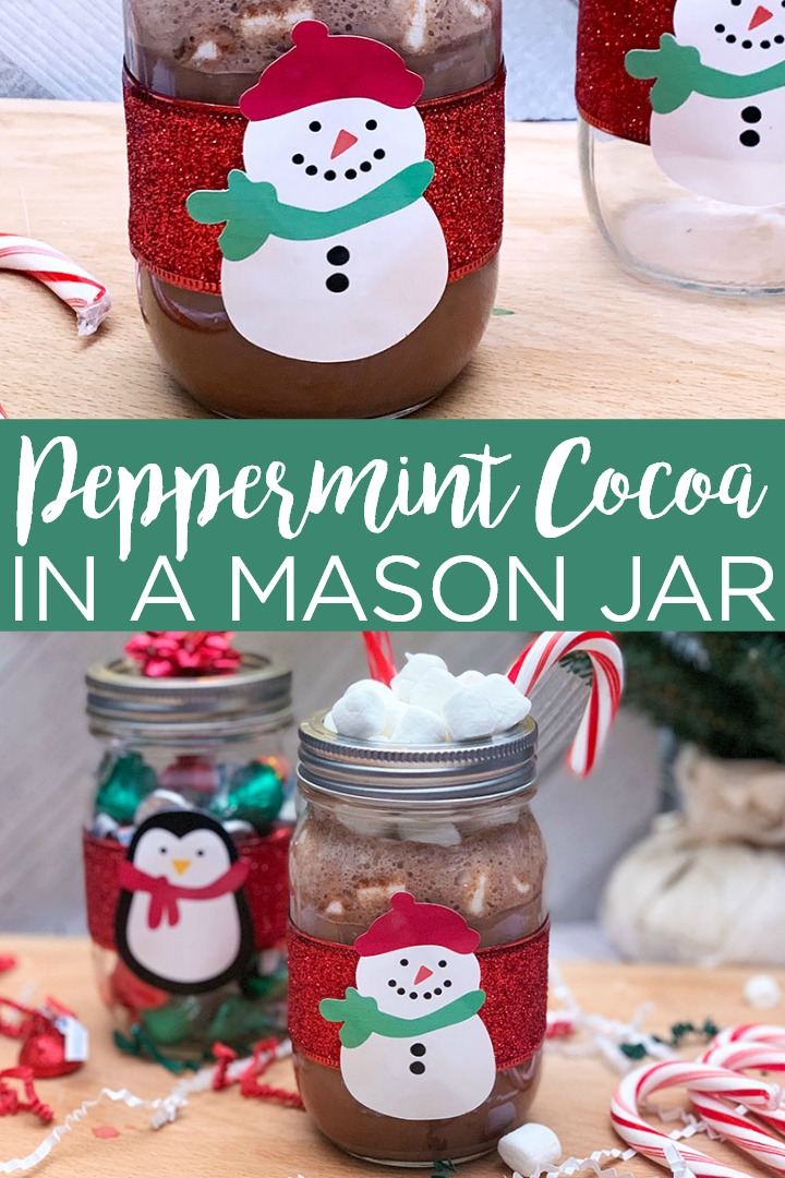 peppermint hot chocolate in a snowman mason jar pin image