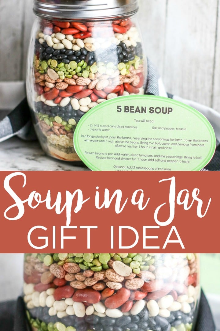 5 beans soup mason jar gift idea pin image with text overlay saying "soup in a jar gift idea"