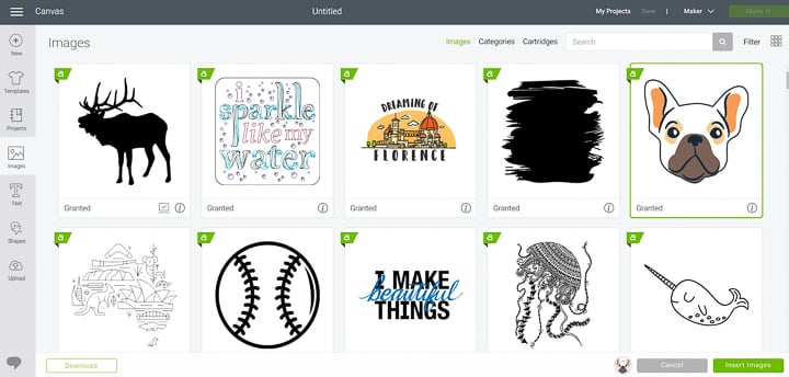 A selection of offline design space image in Cricut Design space.