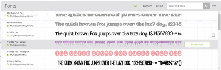 A selection of Cricut design space fonts