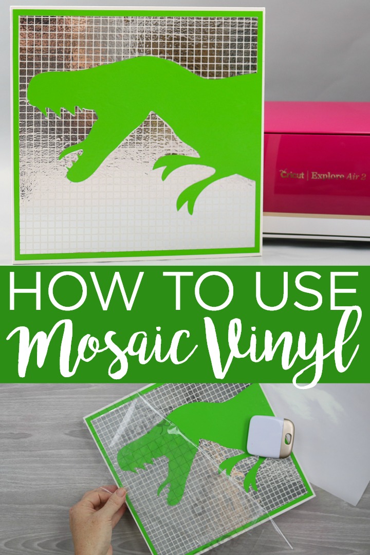 Learn how to use mosaic vinyl from Cricut and how to make a fun dinosaur wall hanging for a kid's room. This easy to use Cricut vinyl will add so much to your crafts! #cricut #cricutcreated #vinyl #cricutvinyl #cricutprojects #cricutmade #mosaic #mosaicvinyl #dinosaur #kidsroom #cutfile #dinosaurcutfile