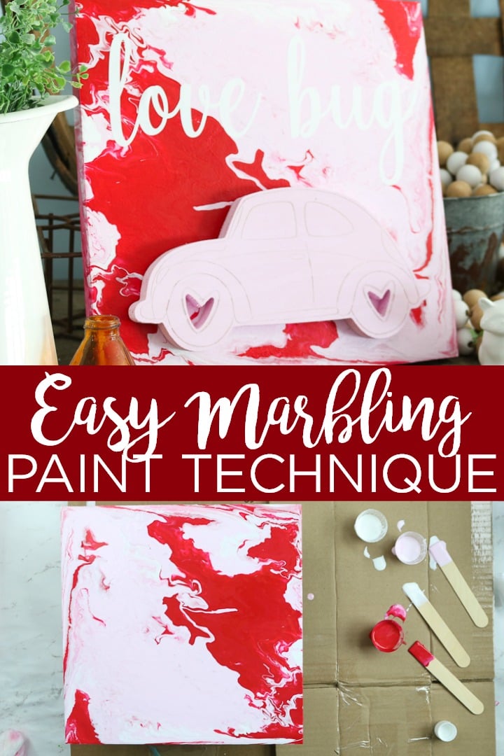 This marbling paint technique will show you how to use acrylic paint pouring to create a cute Valentine's Day sign in just minutes! You will love this easy way to paint wood. #marbling #testors #testorscraft #lovebug #vwbug #wood #paintpour #paintpouring #acrylicpaint #cricut #cricutcreated #paint #valentinesday #valentines