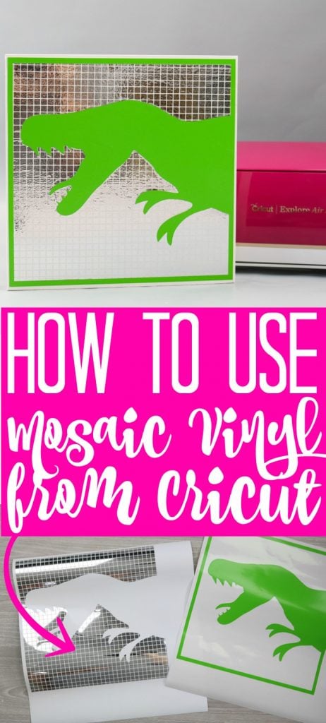 Learn how to use mosaic vinyl from Cricut and how to make a fun dinosaur wall hanging for a kid's room. This easy to use Cricut vinyl will add so much to your crafts! #cricut #cricutcreated #vinyl #cricutvinyl #cricutprojects #cricutmade #mosaic #mosaicvinyl #dinosaur #kidsroom #cutfile #dinosaurcutfile