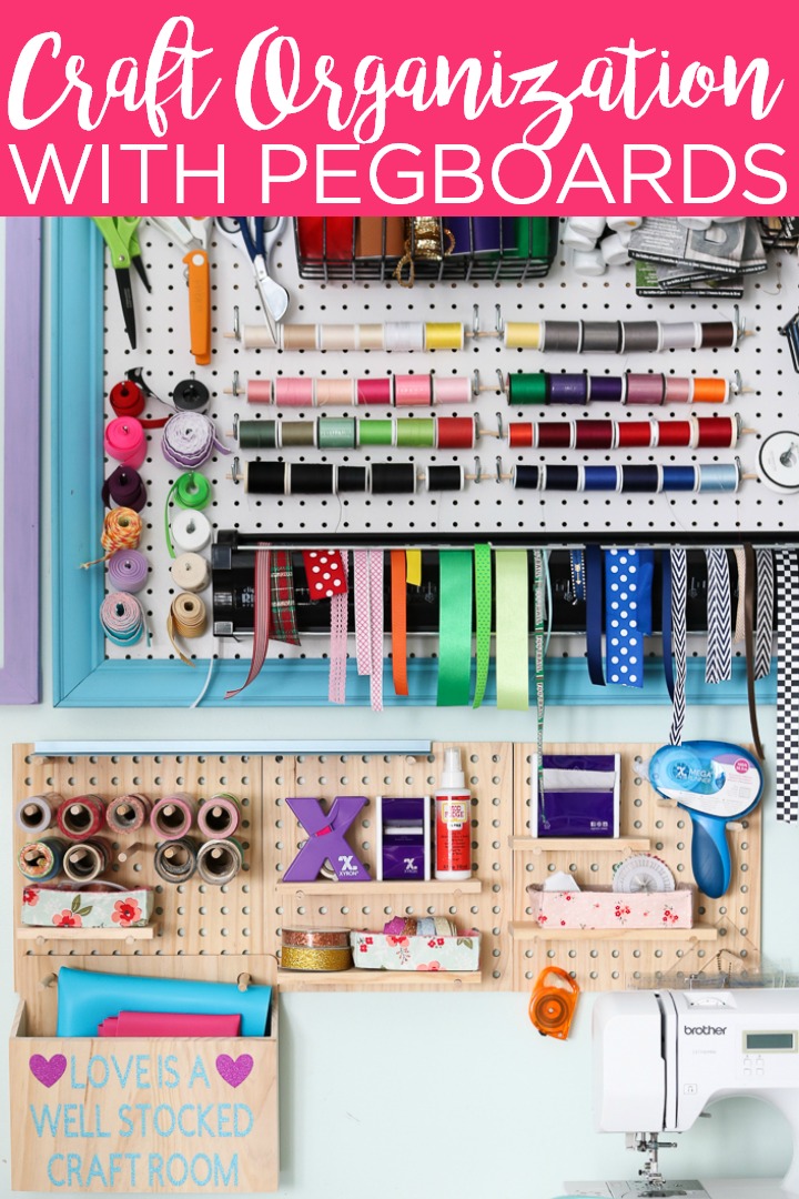Use a craft room pegboard to get your space organized in no time at all! If you are struggling with how to organize craft supplies, this solution is for you! #organization #organize #craftroom #pegboard #craftsupplies