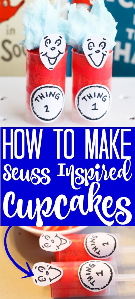 These Dr. Seuss birthday treats will be the hit of any party! Whip up these push-pop cupcakes that look like thing 1 and thing 2 for a party or just to celebrate the birthday of Dr. Seuss! #drseuss #seuss #seussbirthday #thing1 #thing2 #pushpops #cupcakes #recipe #yum