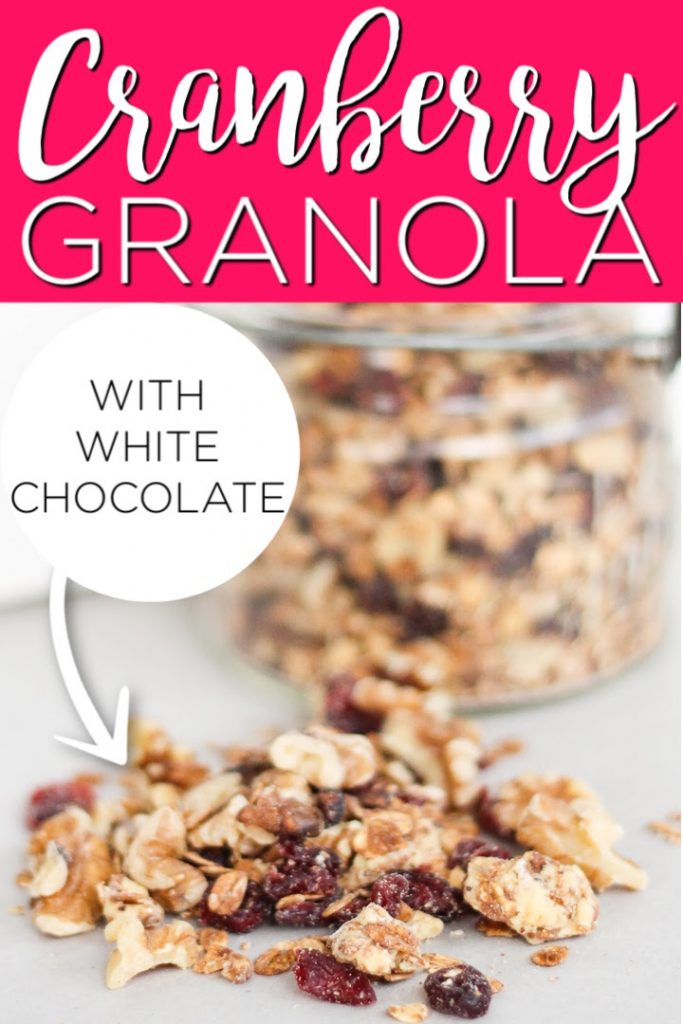 Make this cranberry granola with white chocolate for your family! They will love this delectable recipe that can be served for breakfast or as an afternoon snack! #granola #recipe #cranberry #whitechocolate