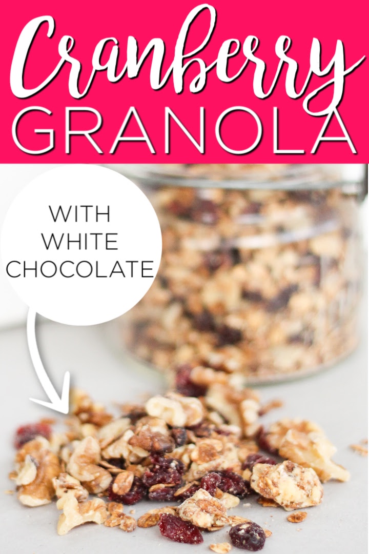 Make this cranberry granola with white chocolate for your family! They will love this delectable recipe that can be served for breakfast or as an afternoon snack! #granola #recipe #cranberry #whitechocolate 