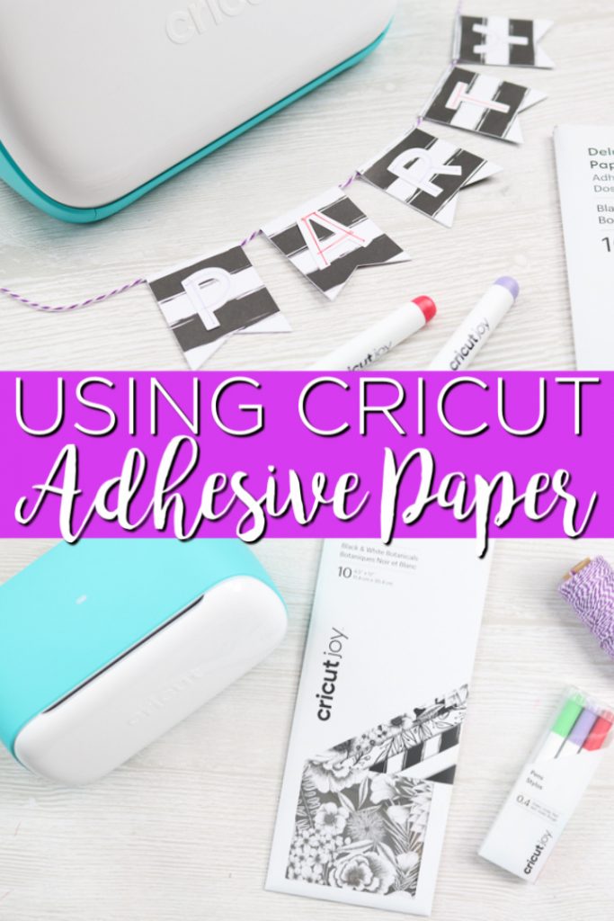 Learn how to use Cricut adhesive backed paper on the Cricut joy to make a party banner! This new Cricut material is perfect for paper crafters! #cricut #cricutjoy #cricutcreated #cricutprojects #party #partyideas #partybanner #papercrafts