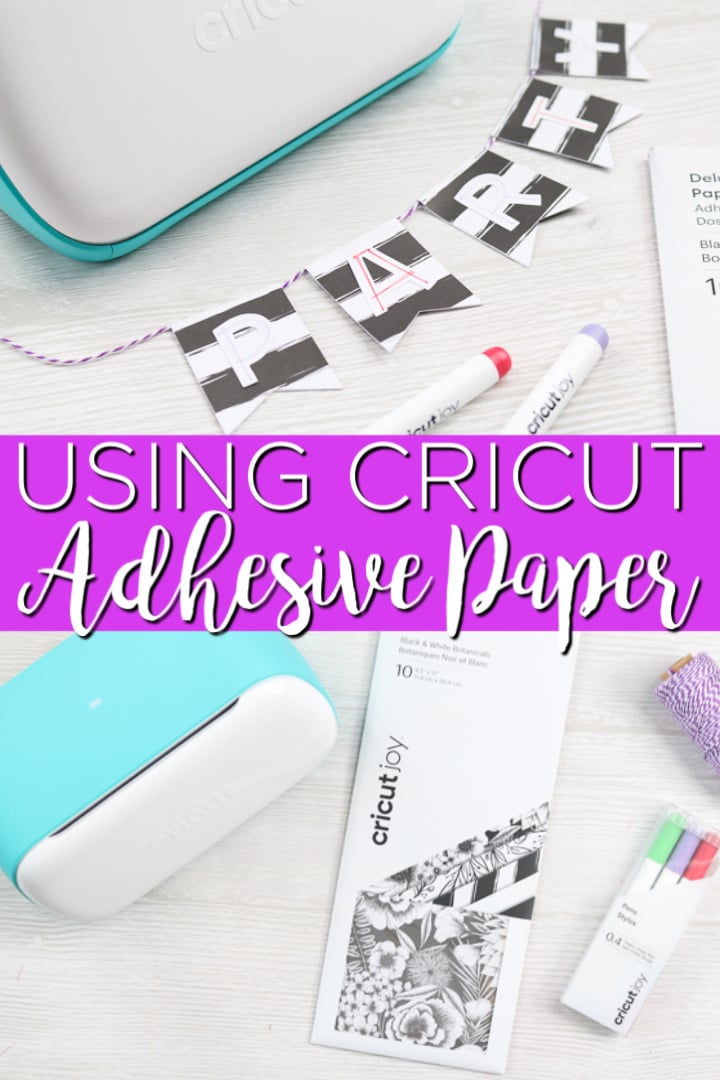 Learn how to use Cricut adhesive backed paper on the Cricut joy to make a party banner! This new Cricut material is perfect for paper crafters! #cricut #cricutjoy #cricutcreated #cricutprojects #party #partyideas #partybanner #papercrafts