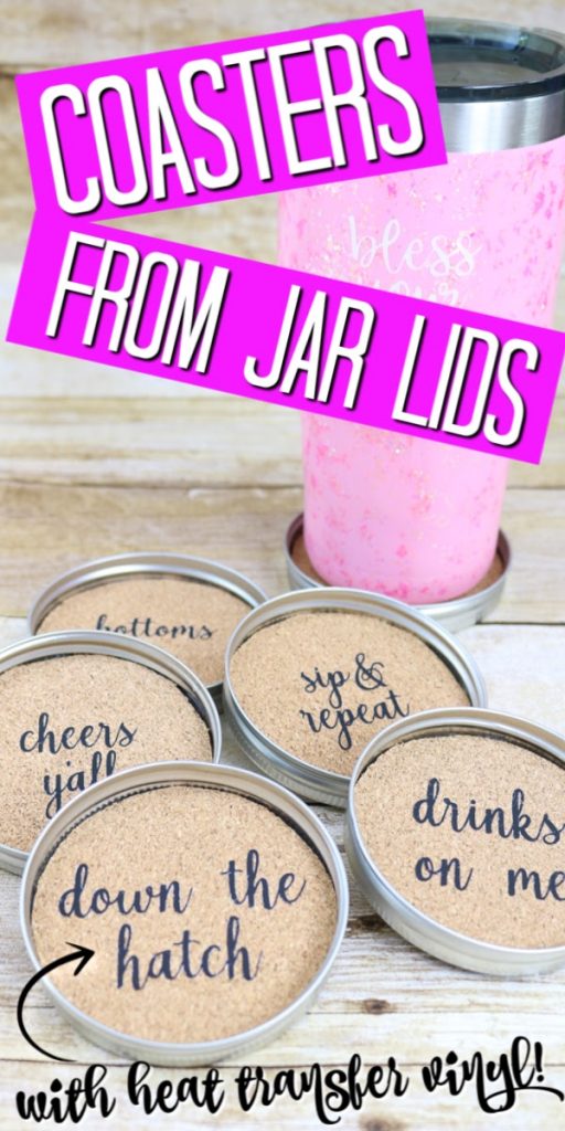 Make these mason jar lid coasters for your farmhouse style home! It is easy when you use heat transfer vinyl and your Cricut machine to add sayings to cork! #cricut #cricutcreated #masonjar #jarlids #coasters #farmhouse #farmhousestyle #rustic