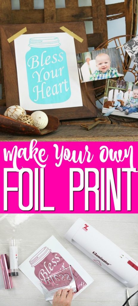 Learn how to make a DIY foil print with the Glaminator from Xyron. This machine will laminate as well as add foil to laser prints for DIY art made at home! #foil #masonjar #art #laserprint #laminate #glaminate #foilart #home #homedecor