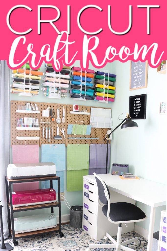 Step inside this Cricut craft room and take a tour! Get organizing ideas for your craft supplies as well as inspiration to make your own gorgeous creative space! #craftroom #cricut #cricutcreated #creative #crafts #organized #organization