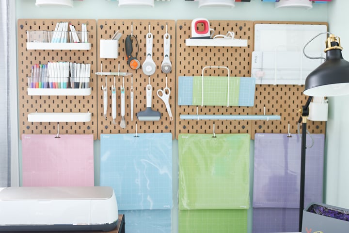 using a pegboard to organize cricut supplies