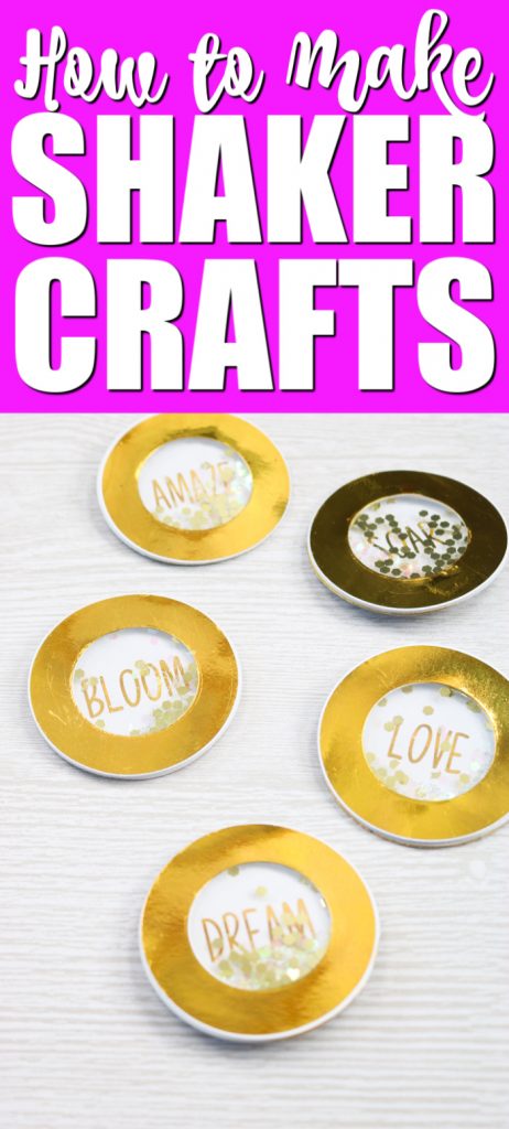 Learn how to make shaker crafts including shaker pins. This trend is made easy with Xyron adhesive. #shakercrafts #shakers #shakerpins #xyron #xyroncrafts #goldfoil #glaminator