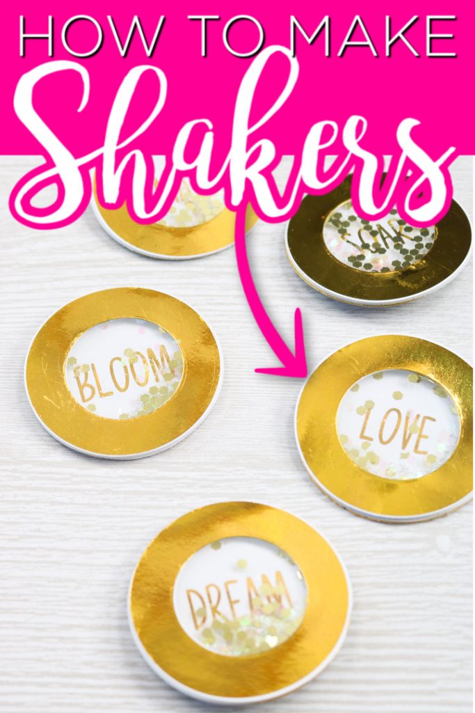 Learn how to make shaker crafts including shaker pins. This trend is made easy with Xyron adhesive. #shakercrafts #shakers #shakerpins #xyron #xyroncrafts #goldfoil #glaminator
