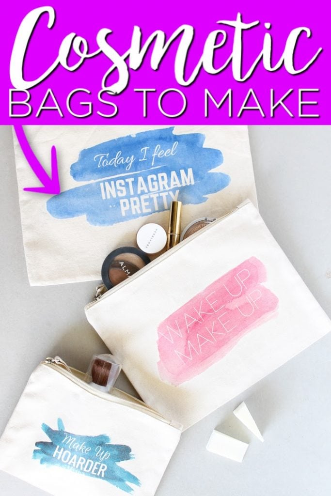 DIY cosmetic bags are easy to make with this method that uses t-shirt transfers! Print these designs for free and decorate your make up bags in minutes! #makeup #bags #printable #watercolor #teens #teencrafts