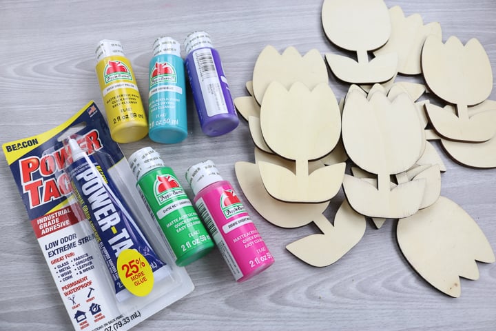 unfinished wood tulips, paint, and adhesive