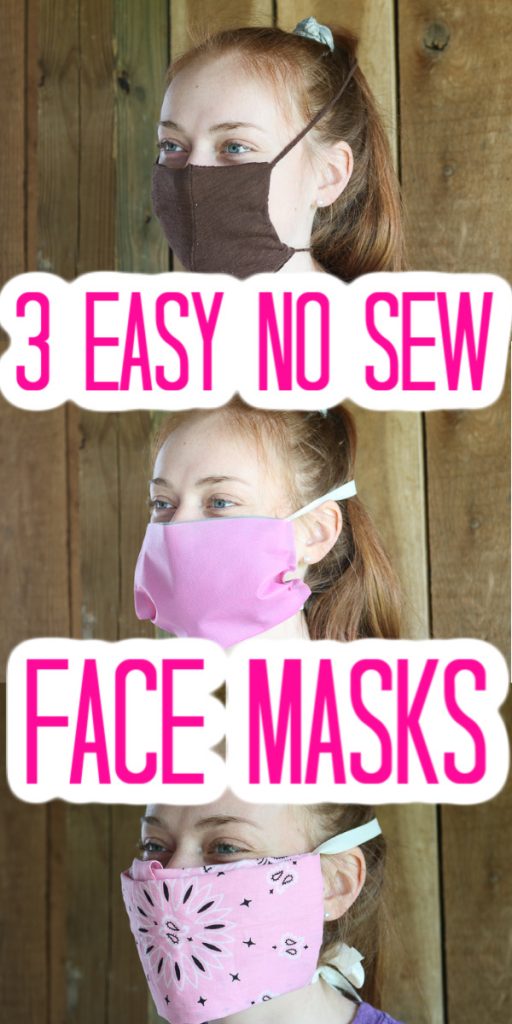 These no sew face masks all use things you probably already have around your home. From bandannas to old t-shirts to reusable shopping bags, you can make a DIY face mask! #facemasks #nosew #nosewing #tutorial