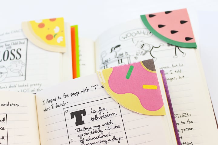 donut, pizza, and watermelon bookmarks