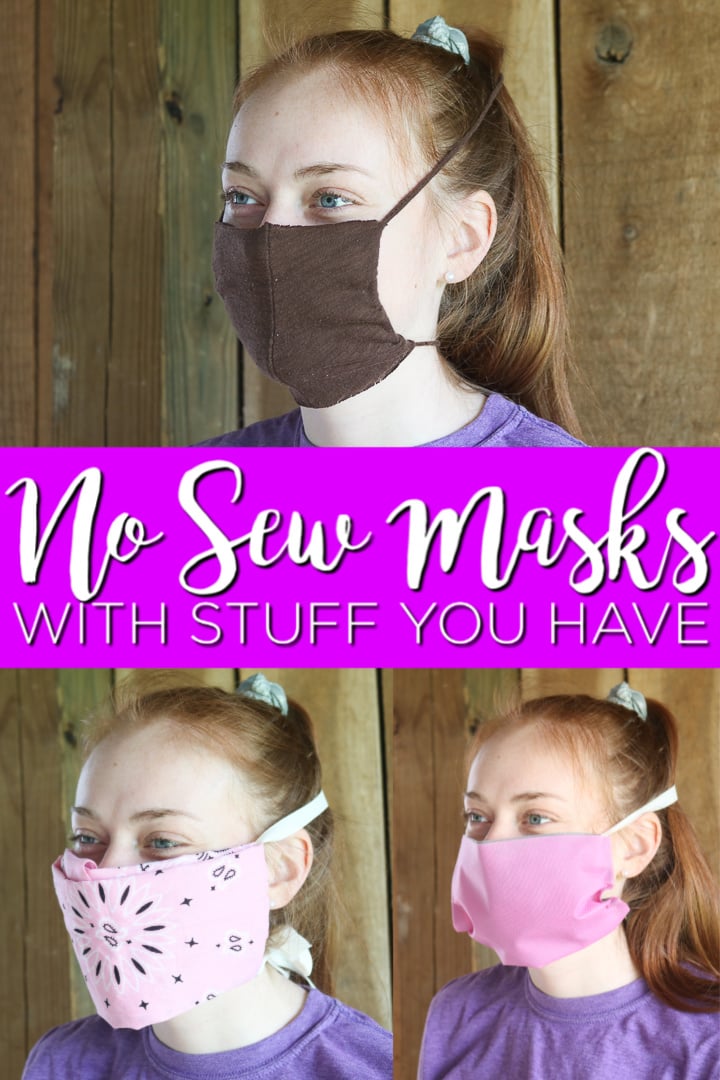 These no sew face masks all use things you probably already have around your home. From bandannas to old t-shirts to reusable shopping bags, you can make a DIY face mask! #facemasks #nosew #nosewing #tutorial