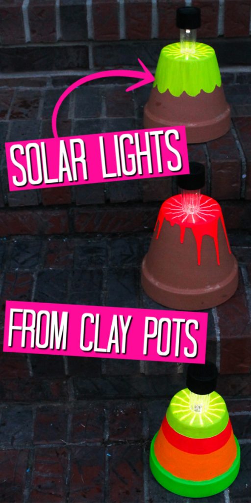Make these DIY solar lights for your porch or patio this summer. The neon paint helps them to really light up the night plus they are easy enough for kids to make! #solarlights #outdoors #patio #porch #summer