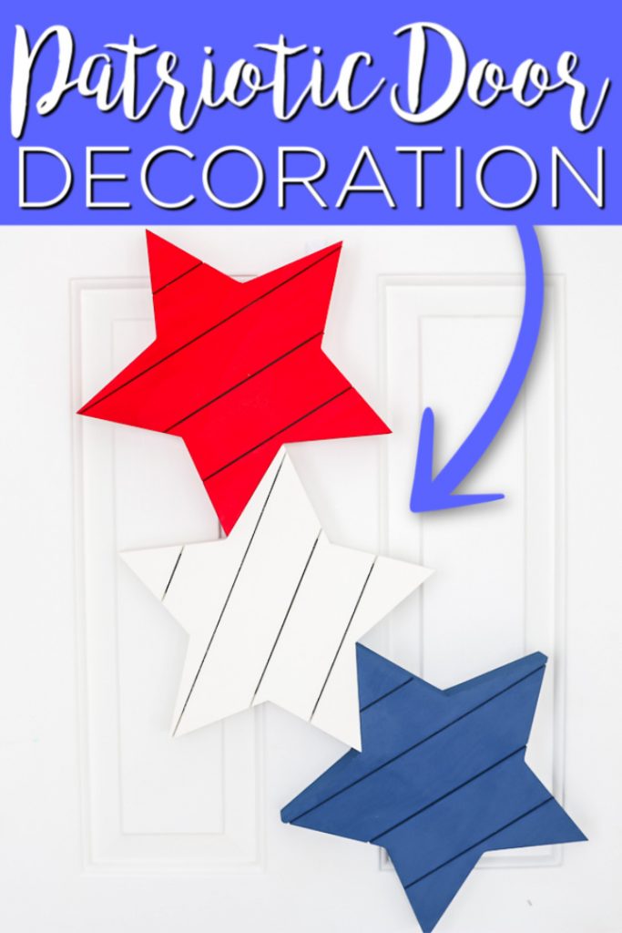 Make patriotic door decor in minutes with these easy wood stars that will be an eye-catching welcome to your summer guests! #summer #patriotic #4thofjuly #stars #door #wreath