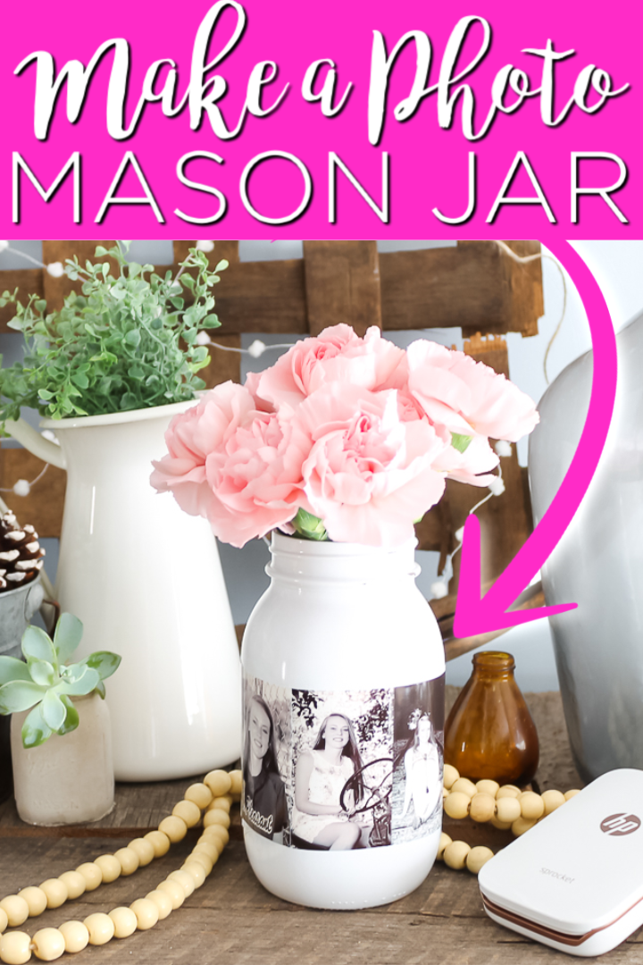 Make this photo mason jar and use it for parties or just to decorate your home! This easy DIY project is simply stunning when it is complete! #masonjar #parties #giftidea