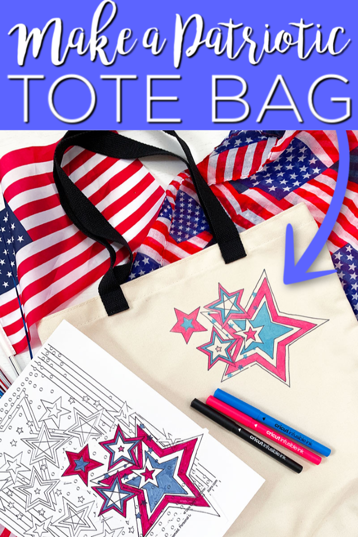 Learn how to make a patriotic tote bag with Cricut Infusible Ink markers! Use coloring pages to make this craft in minutes! It is so easy the kids can even create their own tote bag design! #totebag #infusibleink #cricut #cricutcreated #kidscraft #craftidea #patriotic #4thofjuly #redwhiteandblue